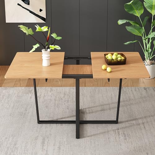 Mesa de comedor extensible de 110 a 140 cm, marco de metal MDF con grano natural, diseño minimalista, moderno, muebles de cocina y sala de estar, mesa de comedor que ahorra espacio