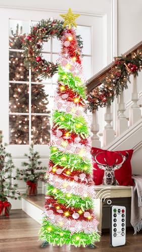 HISFFOG 5FT Pop Up Christmas Tree with 8 Rmote Lights Modes - 3 Color Sequin Tinsel Christmas Tree, Collapsible Artificial Pencil Christmas Trees Decorations for Home, Apartment, Office, Party - image 1