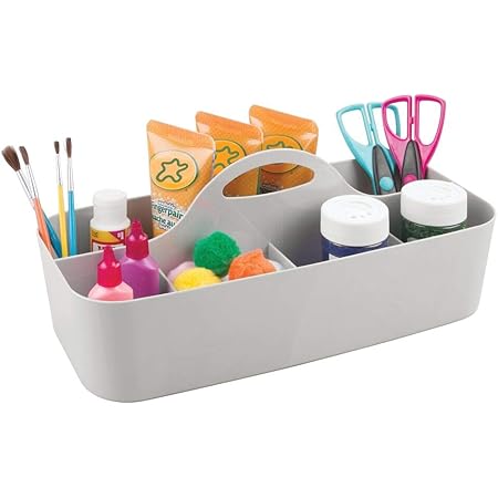mDesign Plastic Portable Craft Storage Organizer Caddy Tote, Divided Basket Bin with Handle for Craft, Sewing, Art Supplies - Holds Paint Brushes, Colored Pencils, Stickers, Glue, X-Large - Light Gray