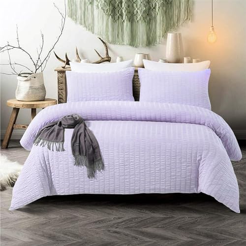 WONGS BEDDING Juego de ropa de cama de sirsaca morado lavanda con cierre de cremallera, funda de edredón de sirsaca de 3 piezas con 2 fundas de almohada, microfibra suave, tamaño king 220 x 230 cm