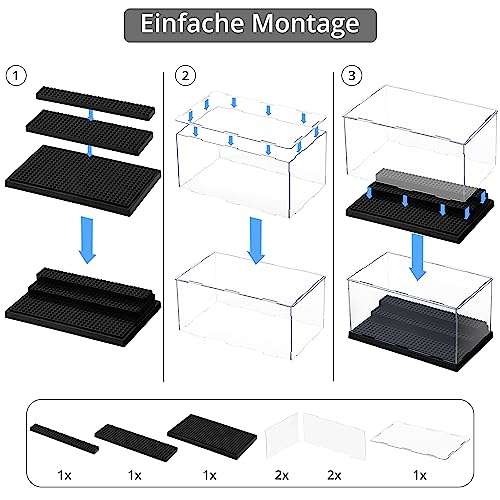 Winter Shore Acryl Vitrine mit 3 Ebenen [2 Set] - Durchsichtige Kleine Vitrine für Minifiguren, Bausteinmodelle & Brick-Action-Figuren - Stapelbarer Staubdichter Schaukasten mit Noppenplatten