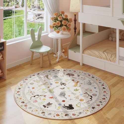 Round Rug 4ft Washable Circle Rug Non Slip Low Pile Boho Floral Animal Cat Small Circular Rug for Bedroom Bathroom Entryway Kids Room Office College Dorm, Beige