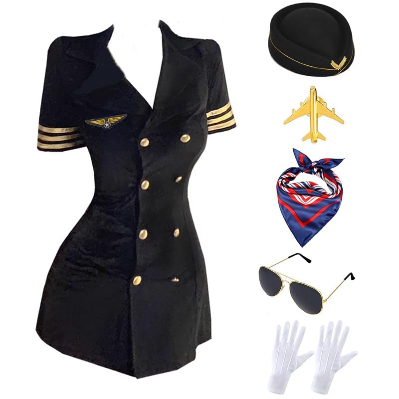 Furbevo Adult Stewardess Costume Women Flight Attendant Costume with Accessories (black, M)