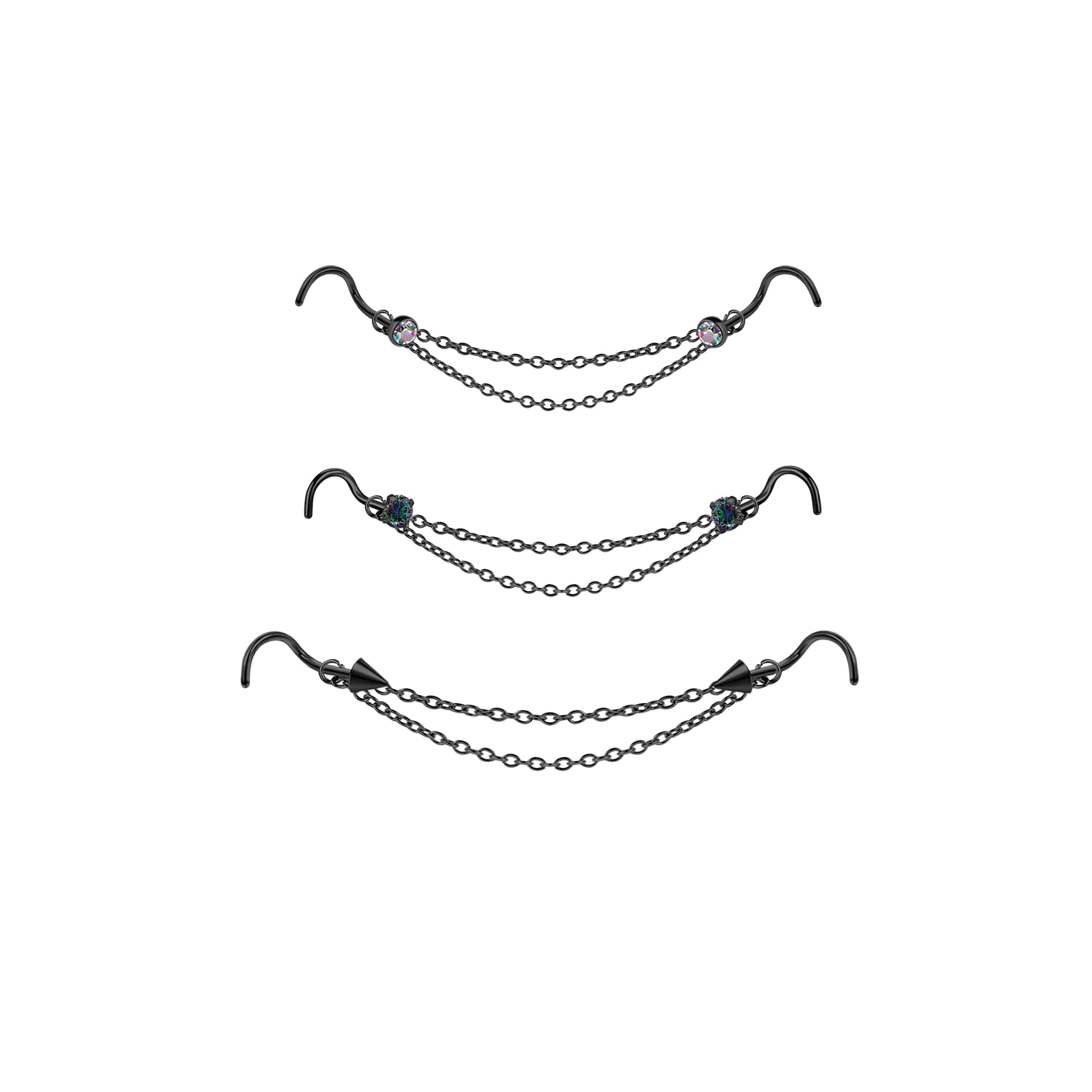 AccGin Nose Ring Chain Across Nose Stainless Steel Nostril Nose Piercing Chain with Cubic Zirconia Nose Screw Bone L-Shaped Ring for Women Men Body