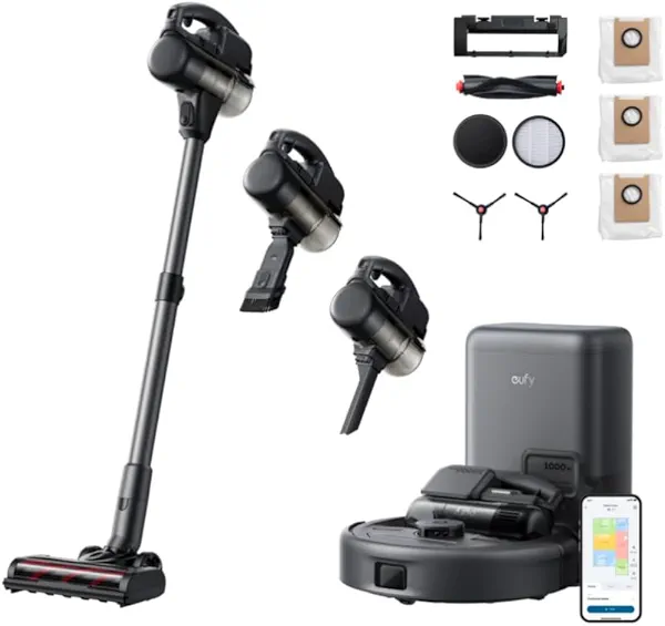 eufy Robot Vacuum 3-in-1 E20, with Versatile Stick and Handheld Vacuum Cleaner Combo,Self Emptying Up to 75 Days, Max 30,000Pa, Smart Obstacle Avoidance + Official Accessories Kit (6-Month S