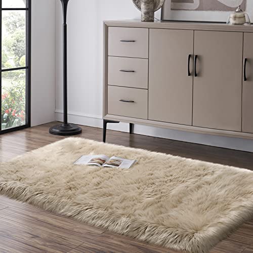 Image of Tangsoo 2x4 Beige Small Faux Rur Rug,Fluffy Rug for Sofa Chair Couch Cover