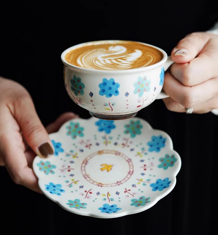 Set di tazze e piattini da caffè e tè in ceramica Set di tazze da caffè e piattini in ceramica blu piatto per tazza da latte e succo regali di compleanno per ufficio e casa