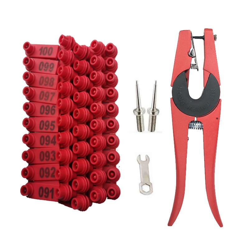 marcature per bestiame, For pecore, maiali, bestiame, cani, cervi, animali da fattoria, cavalli, mucche, bovini, con 1 applicatore for etichette auricolari, numero 001-100, rosso/giallo(Red)