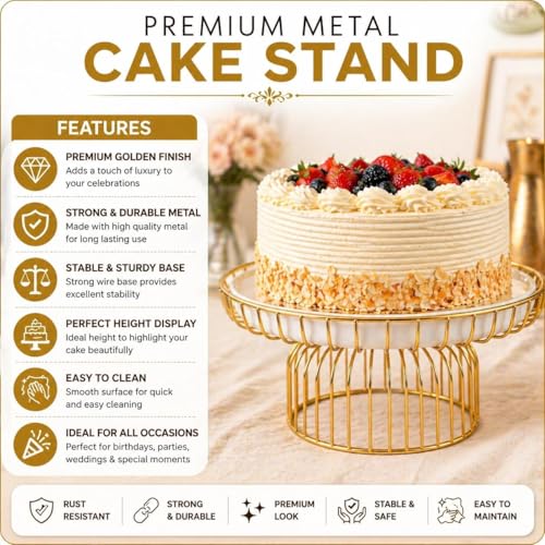 Image of Cake Stand with Gold Wire Base, White Metal Top, Round Pedestal for Dessert Display Premium Metal Cake Stand with White Tray & Gold Finish Base | Elegant Dessert Stand for Cakes, Pastries & Fruits | Decorative Serving Platter for Home, Parties & Gifting