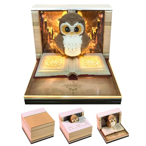 3D Time Piece Calendar 2027 Desk Calendar With LED Light 3d Tree Memo Pad Creative Desk Calendar Christmas Gift for Colleague Friend Desktop Decoration(Owl)