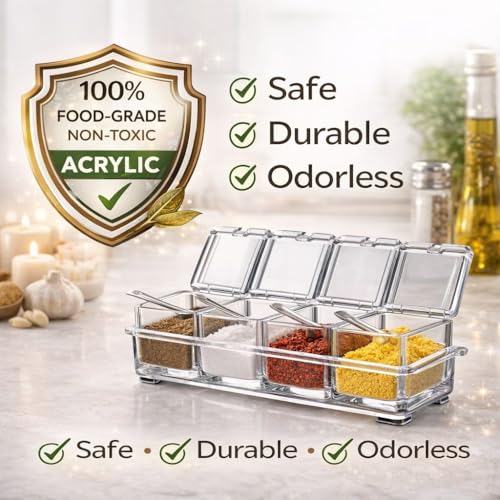 Image of Dimitra Acrylic Home Kitchen 4 Grid Acrylic Seasoning Mukhwas Rasoi Dry Fruit Easy Flow Spice Box Kit With Spoon-Kitchen Masala Storage Box Container Seasoning Organizers Jars (Transparent)