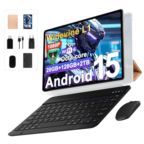 Tablette Android 15 Tablette 10 Pouces 20Go RAM + 128Go ROM(2To Extensible), Octa-Core, GMS Tablette Tactile, WiFi 6, 5G Wi-FI, Widevine L1, 6000mAh, GPS, Tablettes avec Clavier+Souris et Cas-Or