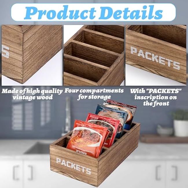 Seasoning Packet Organizer, Food Packet Storage Organizer with 4 Compartments, Wooden Storage Caddy for Kitchen Pantry Cabinet, Farmhouse Kitchen Organization Bin for Snacks Spice Packets