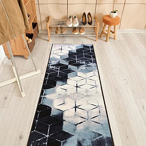 Custom Size Cubes Abstract Design Blue Color Rubber Backed Non-Slip Hallway Stair Runner Rug Carpet 26 Inch Wide by Your Length 26in x 3ft