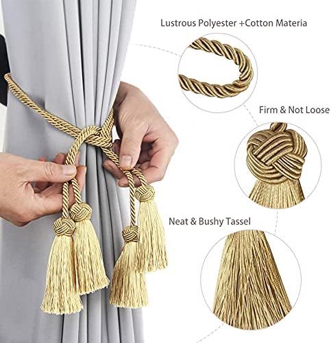 Curtain Tiebacks Curtain Tie Backs Rope Tassel Curtain Holdbacks Silver Gold Curtain Ties for Drape One Pair (Gold)