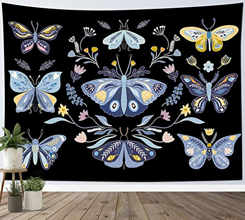 Ecotob Blue Butterfly Tapestry Butterflies And Flowers Leaves On Black Background Tapestry For Bedroom Aesthetic Nature Insect Wall Tapestries For Bedroom Living Room College Dorm Decor, 92.5X70.9 Inches #TOP1