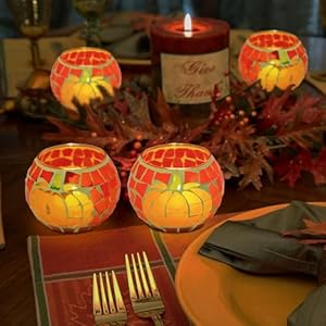 Analim 4 pcs thanksgiving pumpkin candle holders pumpkin mosaic glass tealight candle holders decorative fall table centerpiece thanksgiving decorations  urban country home decor