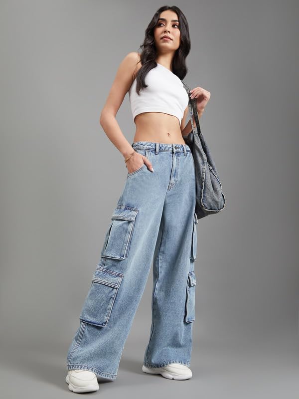 Image of GO COLORS Mostlysane Collection Denim Cargo Pant for Women | Breathable, Mid Rise, 8 Pockets