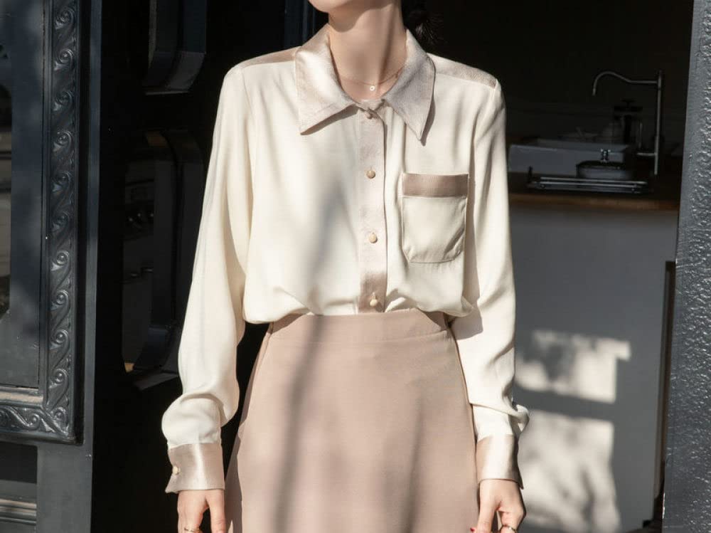 Parte Superior Elegante,Elegante Blusa De Color En Contraste para Mujer, Camisa Blanca De Túnica De Satén, Camisa De Manga Larga, Blusa De Gasa, Chaqueta De Verano, Blusa Informal De Negocios para O