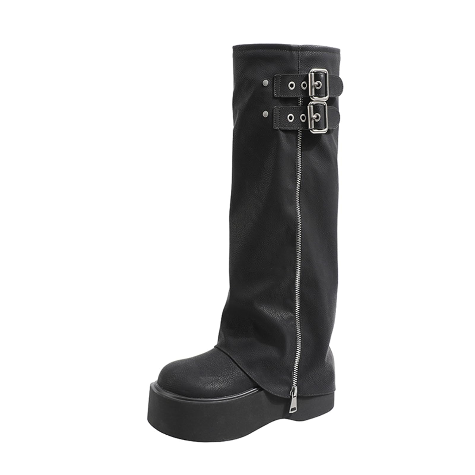 Womens Knee-High Boots Thick Sole Height Increase Fashionable Round Toe High Boots Side Zipper Closure Suitable For Cycling