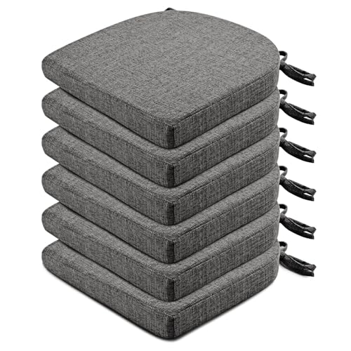 Image of Wellsin Chair Cushions for Dining Chairs 6 Pack - Kitchen Chair Cushions with Ties and Non-Slip Backing - Dining Chair Pads 16 inchX16 inchX2 inch, Dark Gray