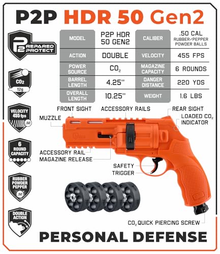 Umarex T4E P2P HDR 50 GEN 2 Self & Home Defense, Less Lethal .50 Cal Paintball Pistol Orange Limited Edition with 5X Mag .50 Cal and 5x12 g CO2 Tanks Bundle - Image 3