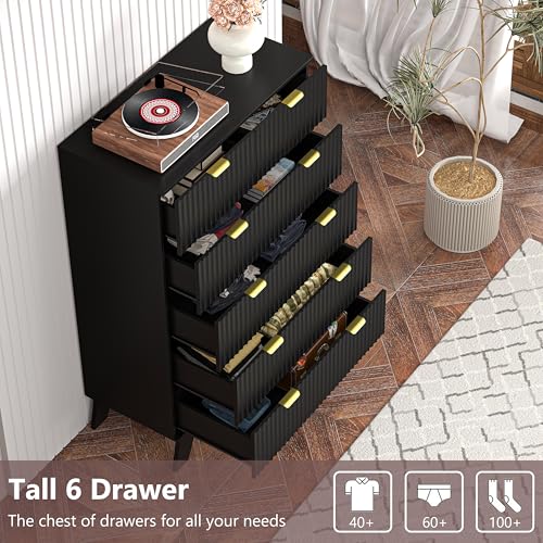 Image of Black Dresser for Bedroom with 6 Drawer, 46 inch Tall Fluted Wooden Dresser Storage Cabinet and Chest of Drawers with Metal Handle, Storage Organizer for Living Room, Hallway, Entryway