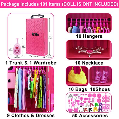 ZITA ELEMENT Doll Closet Wardrobe for 11.5 Inch Girl Doll Clothes and Accessories Storage - Lot 101 Items Including Wardrobe, Trunk, Casual Wear, Dress, Swimsuits, Hangers, Shoes, Bags and Necklaces - Thumbnail 2
