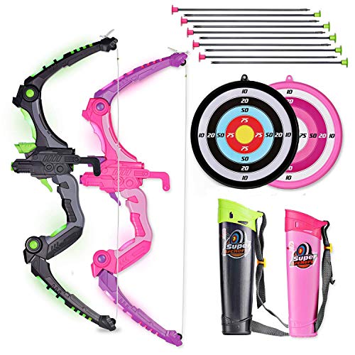 SainSmart Jr. Green Light Up Archery Set Bundle with Pink Bow and Arrows for Kid