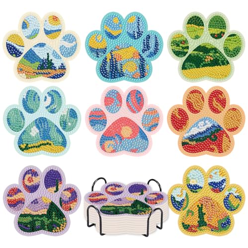 Kit de 8 posavasos de arte de diamantes para adultos con soporte, huellas de perro, kit de posavasos de pintura de diamantes pequeños con almohadilla de corcho, pintura de arte de gemas