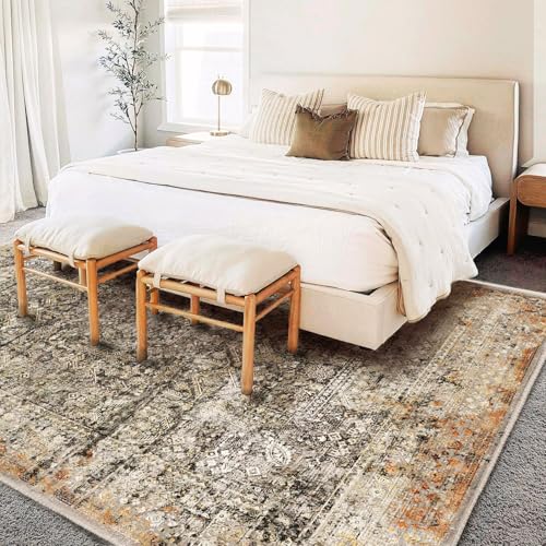5'x7' Washable Area Rug Vintage Traditional Floor Cover Foldable Thin Kitchen Accent Indoor Distressed Non Slip Carpet Floral Print Mat for Bedroom Living Room Bathroom