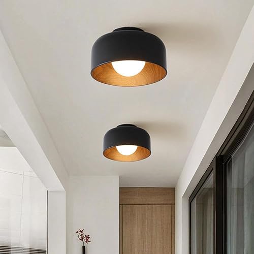 Vista 6 de Modern Flush Mount Ceiling Light Metal Frame Painted Wood Grain Glass Shade Minimalist Lighting for Bedroom Kitchen Hallway Laundry Entrance(Dark)