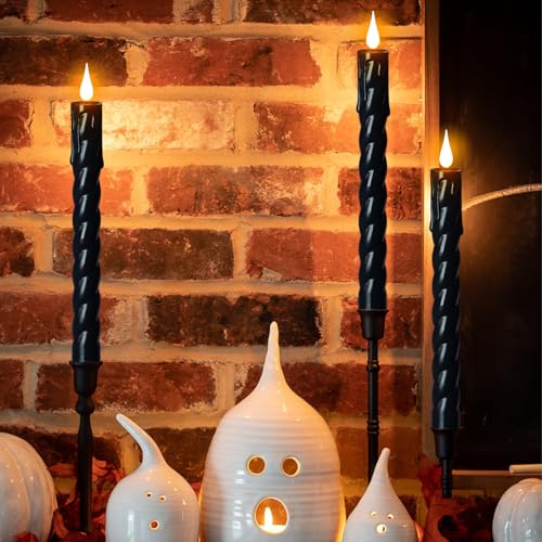 Image of Flickering Flameless Taper Candles with Remote and Timer, 2 Pack Battery Operated LED Taper Candles 3D Wick Plastic Dripping Effect Dinner Halloween Indoor Decor(Black, 0.78 inch D x 9.65 inch H)