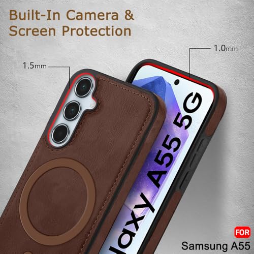Image of TheGiftKart Genuine Leather Finish Back Cover Case for Samsung Galaxy A55 5G | Shockproof Design | Raised Edges for Camera & Screen Protection | Stunning Minimalist Design (MagSafe Compatible, Brown)