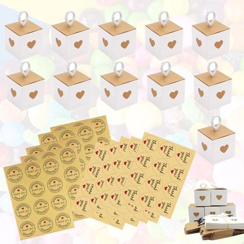 FISH DRAGATE 50 pcs petite boite cadeau,ballotin chocolat vide blanche et marron avec coeurs,boîtes cadeaux carton kraft,livré avec des autocollants diy,boîte cadeau...