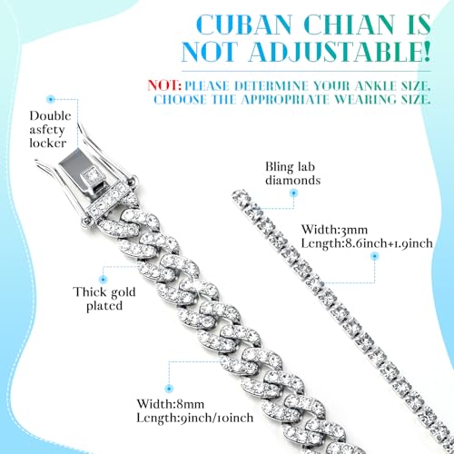 Sureio 3 Pcs Anklets Bracelet for Women Adjustable Diamond Tennis Cuban Style Link Anklets for Women Wedding Fashion Gifts3