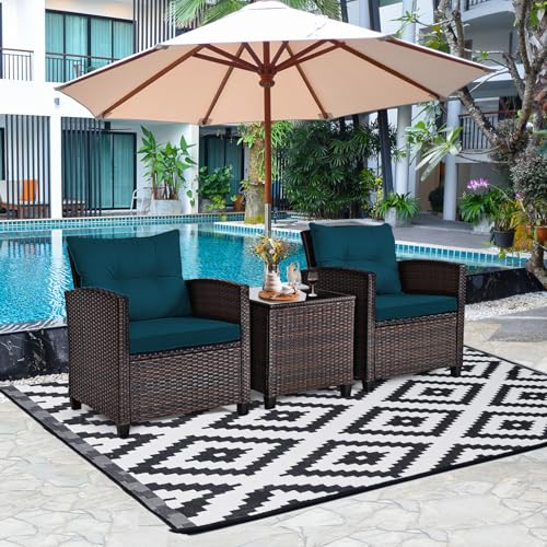 Image of Tangkula 3 Pieces Patio Furniture Set, PE Rattan Wicker 3 Pcs Outdoor Sofa Set w /Washable Cushion and Tempered Glass Tabletop, Conversation Furniture for Garden Poolside Balcony (Prussian Blue)