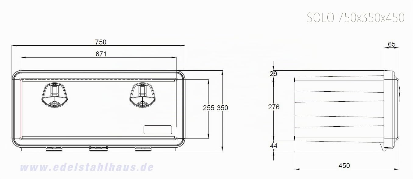 Camiones stau Buzón de plástico 750 x 350 x 450 mm 65 L, Caja de herramientas, caja de almacenamiento, fregadero caja para vehículos colgante