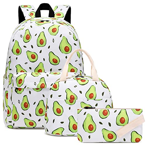 Kouxunt Mochila Escolar Feminina com Estampa de Abacate para Meninas E Adolescentes, Conjunto 3 Em 1 com Mochila, Lancheira E Estojo.