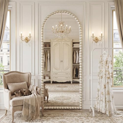 Image of Vintage Full Length Mirror with Stand, 71x28 Inch Arched Beaded Full Body Mirrors, Large Floor Mirror Standing Mirror Full Length Wall Mounted Decor for Bedroom Living Room Cloakroom, PU Frame, Silver