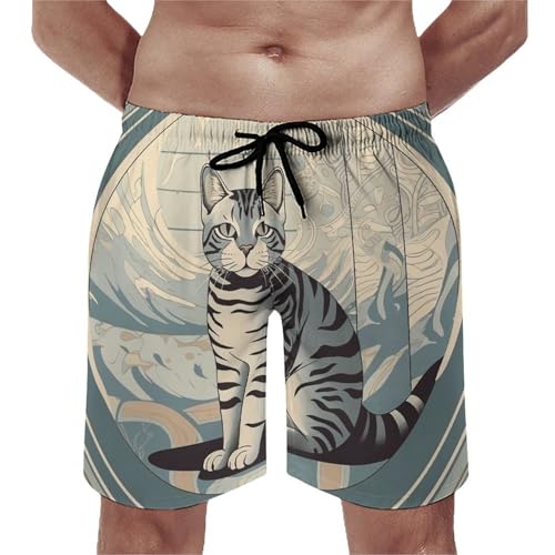 Gray Tabby Cat Mens Swim Trunks Quick Dry Swim Shorts with Mesh Lining Funny Board Shorts Bathing Suits
