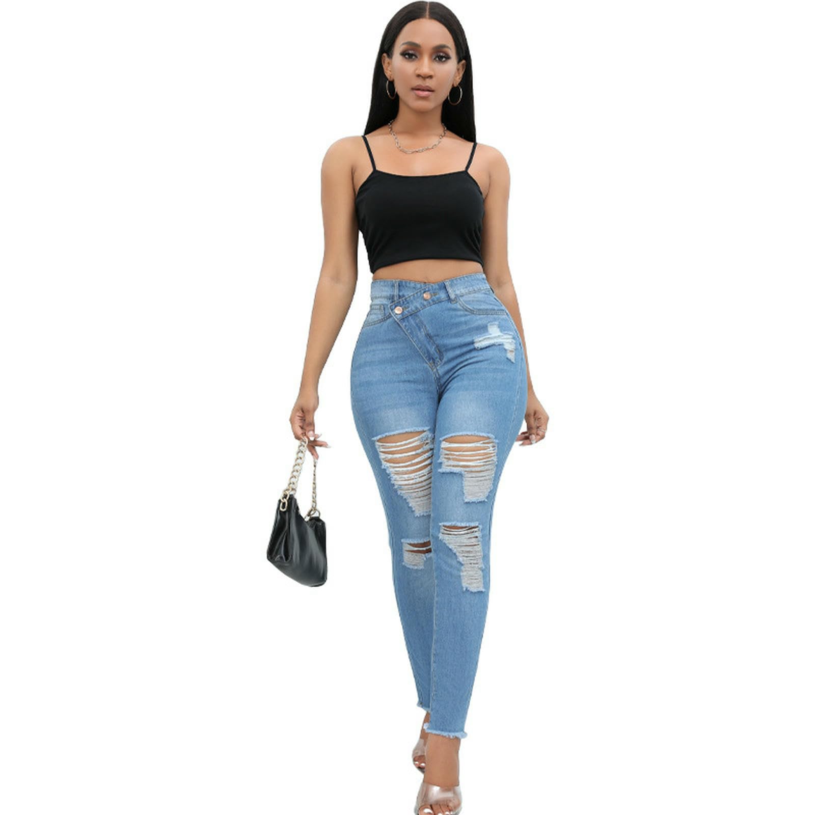 Jeans da Donna Fashion Denim Slim-Fit Strappato Lungo Neri A Vita Sexy per Donne-Azzurro-l