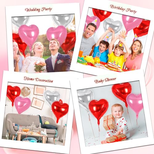 Image of 30 Pcs Red Pink and Silver Heart Balloons, 3 Sizes Heart Foil Mylar Balloon, Valentine Day Party Decorations, Love Balloon Valentine Balloons for Birthday Party Wedding Baby Shower
