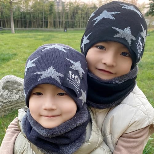 OUOQI Kinder Wintermütze, Kinder Beanie Mütze Loop Schal Set, Kinder Wintermütze Beanie Hut, Strickmütze Loop Schal, Schlauchschal Warme Wintermütze Strickmützen für Herbst Winter Frühling