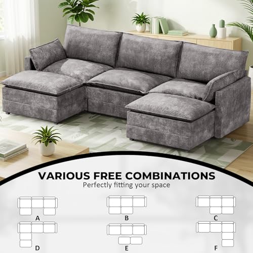 Image of LEVELEVE 112.5 inch U-Shape Modular Sofa with 2 Ottomans, Deep Seat Cloud Convertible Sleeper, 2 Arm Pillows, Cozy Upholstered Furniture for Living Room Apartment, Dark Grey