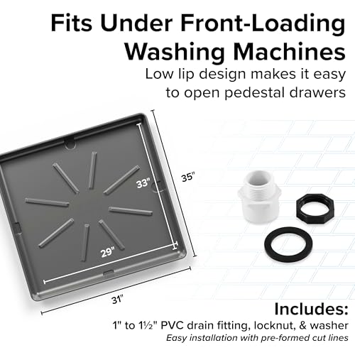 Image of Camco Low Profile Washing Machine Drain Pan with PVC Fitting, 29 inch x 33 inch ID and 31 inch x 35 inch OD - Protects Your Floors from Washing Machine Leaks - Easy to Use - Pewter - 20788