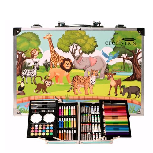 Kreatives Dschungeltier-Malset für Kinder - 145-teiliges Kunstset zum Zeichnen, Malen und Ausmalen für Jungen und Mädchen - Bastelset mit Malstiften, Aquarellfarben, Radiergummis und Pastellkreiden