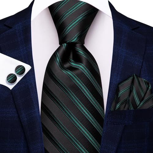 Image of Hi-Tie Mens Plaid Ties Classic Paisley Necktie with Handkerchief Cufflinks Set Business Stripe Tie
