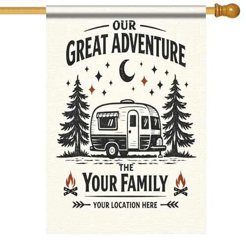 Image of Nuxovilar Camping Flag Fire Pit Garden Flag 28x40 Inches Polyester | Adventure Banner Nostalgic Lawn Decor Campsite RV Park Backyard (Retro Camper)