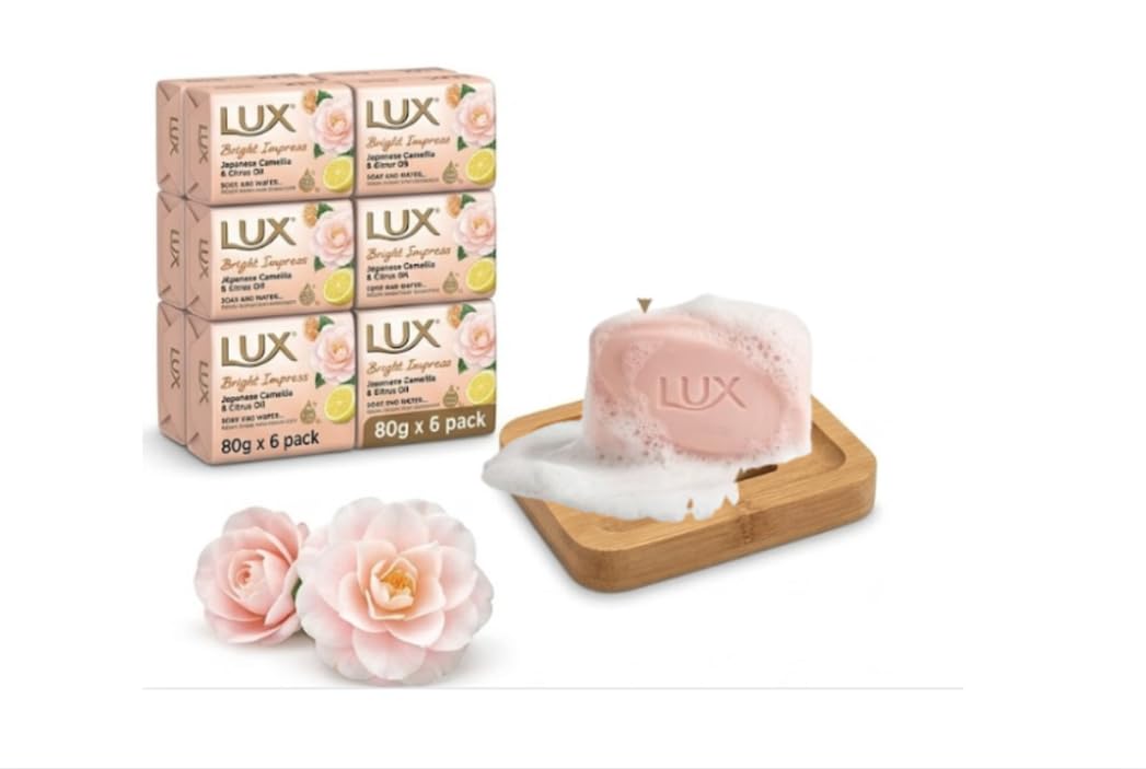 LUX Bright Impress Bar Soap, Japanese Camellia & Citrus Oil, For Visibly Bright & Glowing Skin, 80g (Pack of 6) with Dr Cosi Natural Wooden Bamboo Soap Dish Holder